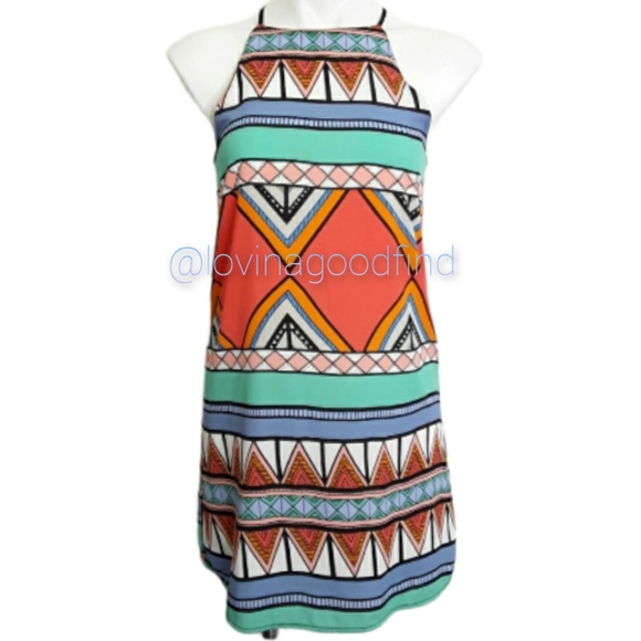 Everly High Neck Sleeveless Aztec Tribal Shift Dress EUC sz S - Picture 4 of 6